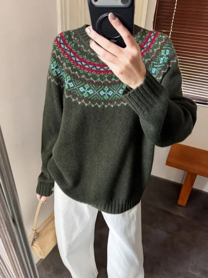 Retro Fair Isle Sweater in Forest Green in Green, product view 01