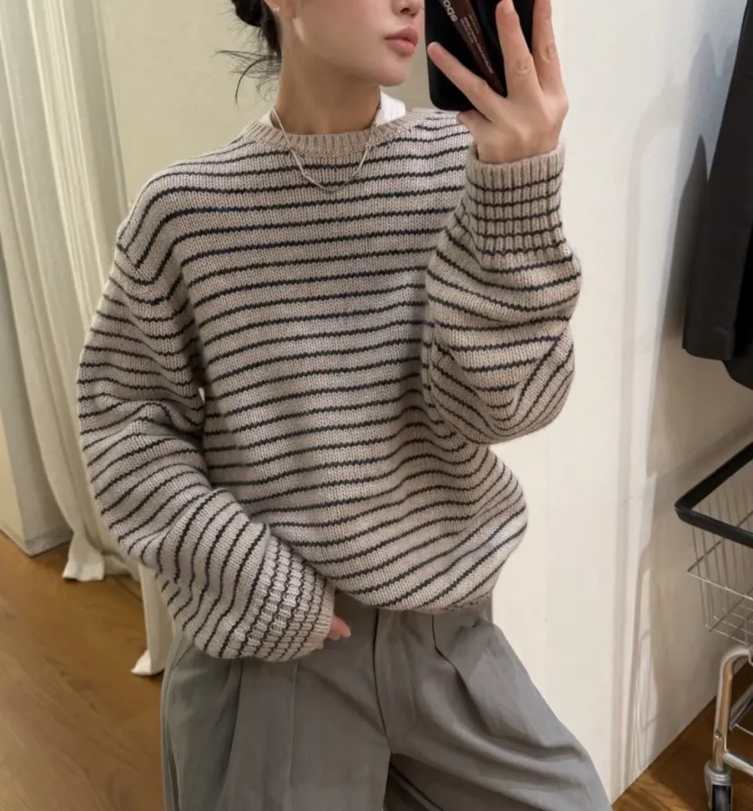 Niche Striped Relaxed Crew-Neck Knit Sweater in As Shown, product view 01