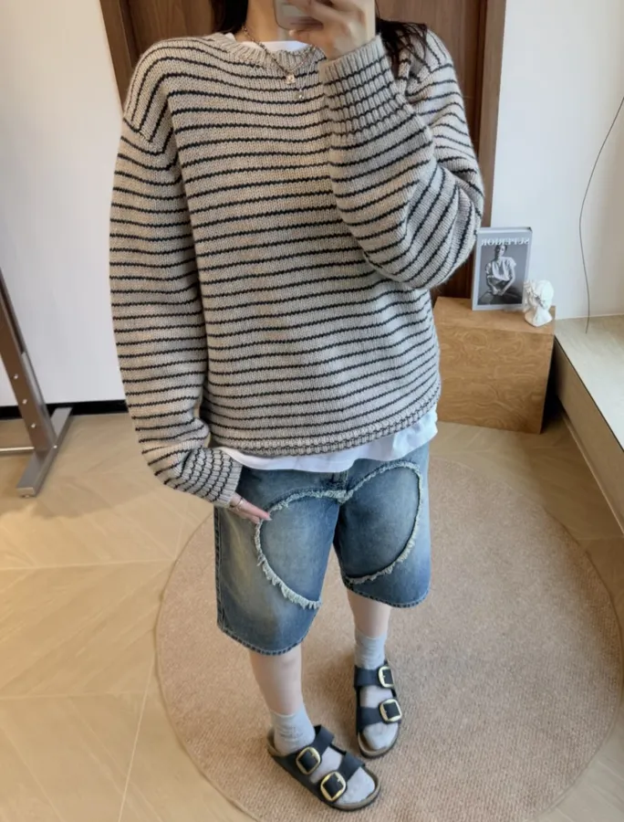 Niche Striped Relaxed Crew-Neck Knit Sweater in As Shown, product view 19