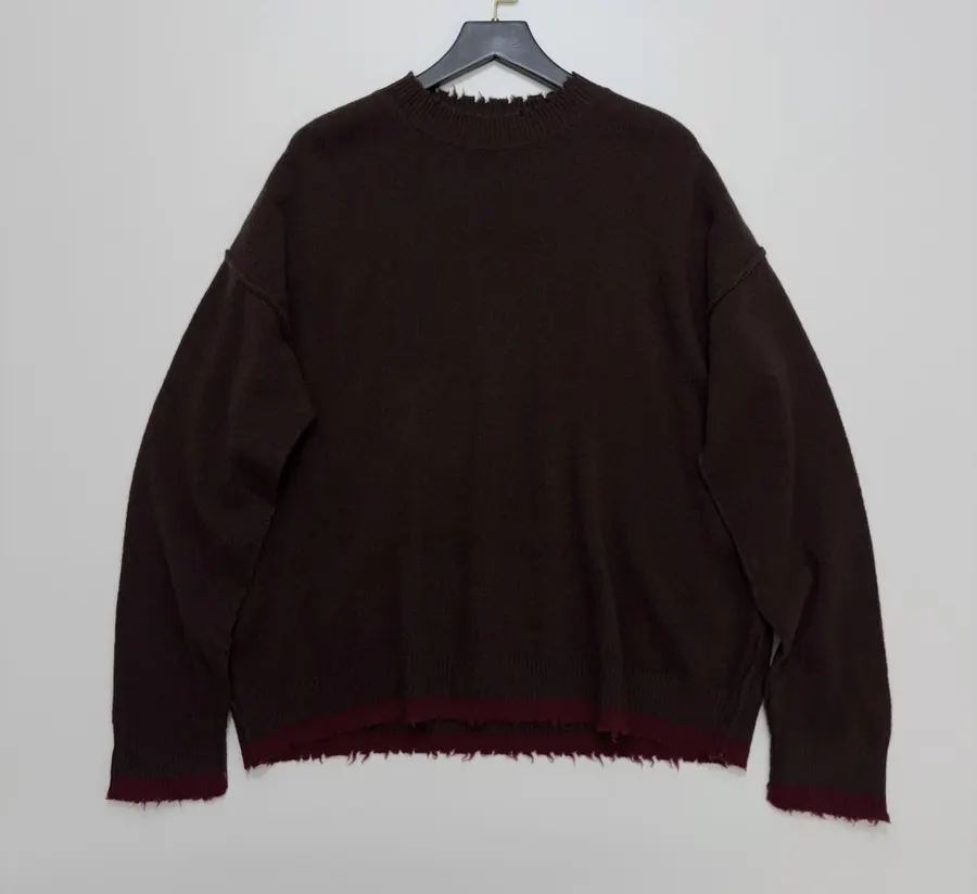 Uma Wang Brown and charcoal knit top with red distressed trim and crew neck in Gray, product view 01