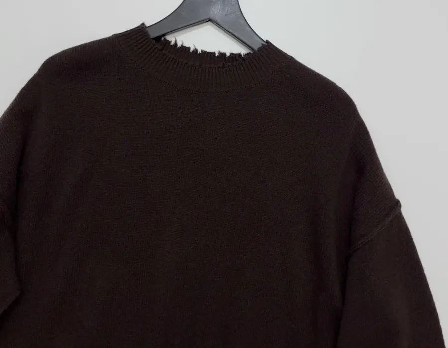 Uma Wang Brown and charcoal knit top with red distressed trim and crew neck in Gray, product view 02