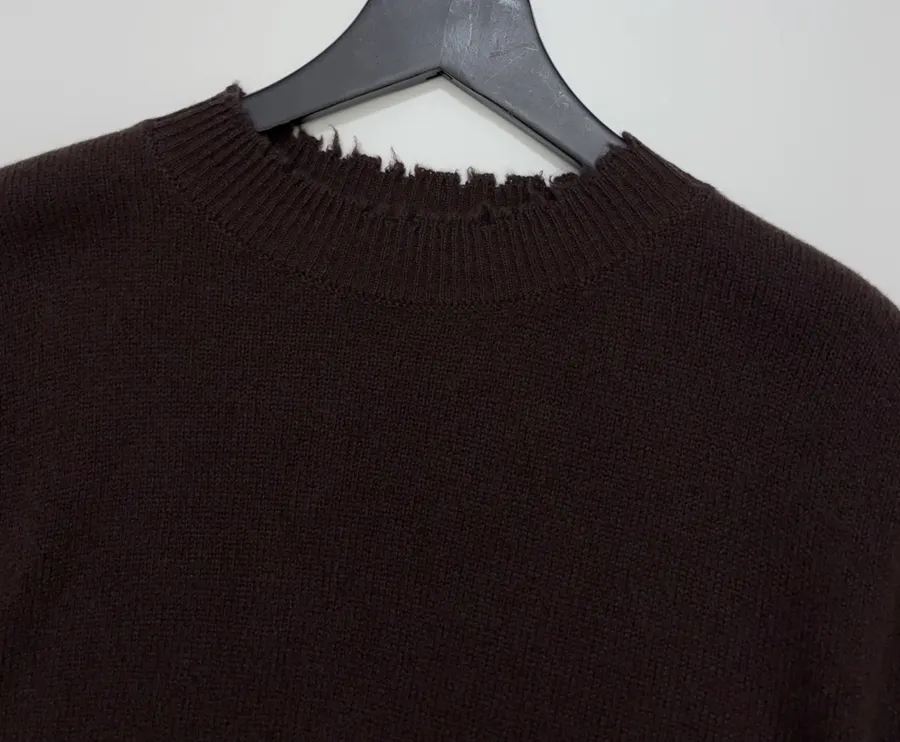 Uma Wang Brown and charcoal knit top with red distressed trim and crew neck in Gray, product view 03