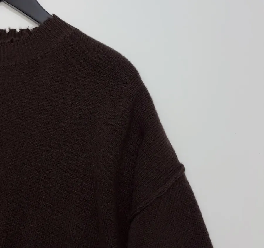 Uma Wang Brown and charcoal knit top with red distressed trim and crew neck in Gray, product view 04