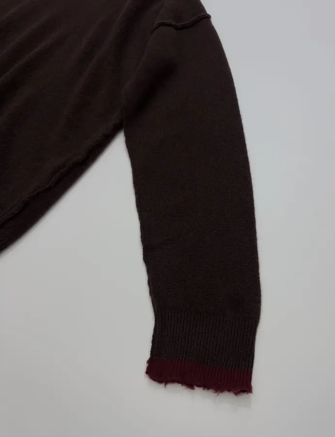 Uma Wang Brown and charcoal knit top with red distressed trim and crew neck in Gray, product view 05