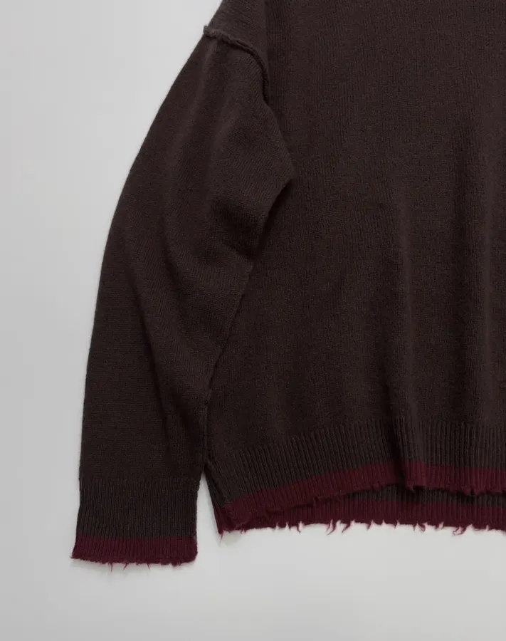 Uma Wang Brown and charcoal knit top with red distressed trim and crew neck in Gray, product view 08
