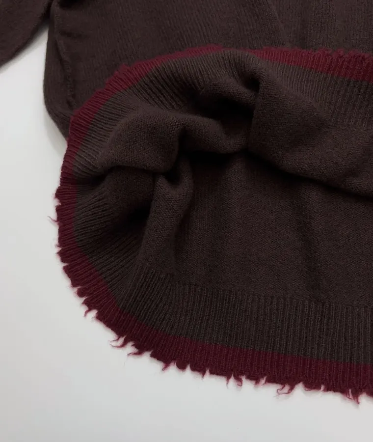 Uma Wang Brown and charcoal knit top with red distressed trim and crew neck in Gray, product view 11