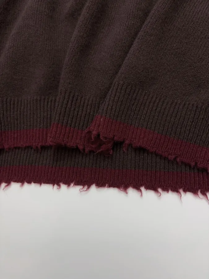 Uma Wang Brown and charcoal knit top with red distressed trim and crew neck in Gray, product view 12