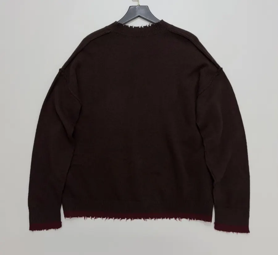 Uma Wang Brown and charcoal knit top with red distressed trim and crew neck in Gray, product view 13