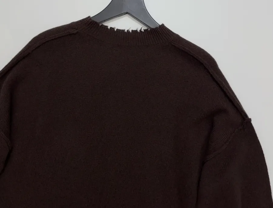 Uma Wang Brown and charcoal knit top with red distressed trim and crew neck in Gray, product view 14