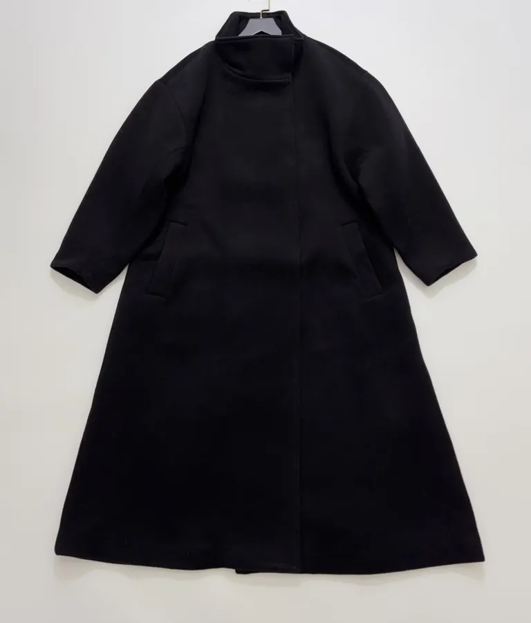 Reformation Black Stand-Collar A-Line Maxi Coat in Black, product view 01