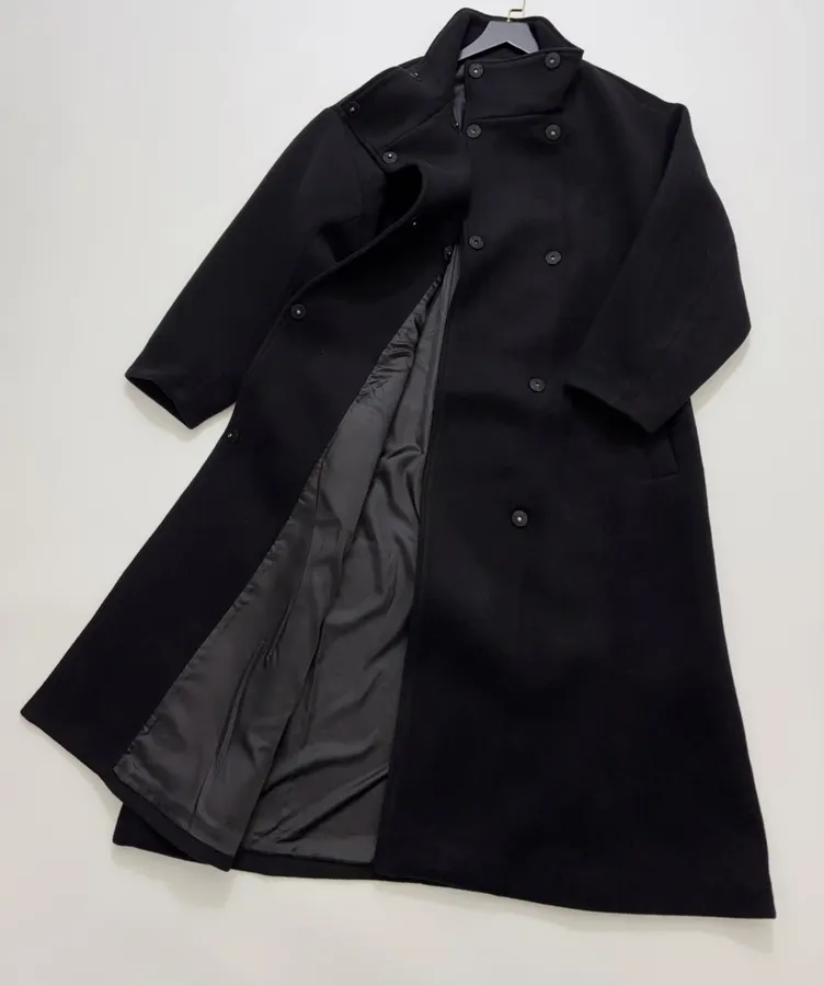 Reformation Black Stand-Collar A-Line Maxi Coat in Black, product view 14