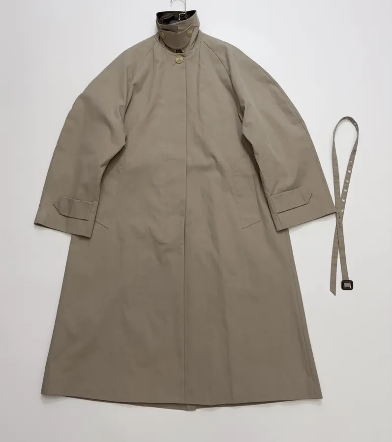 Taupe Stand-Collar Belted Maxi Trench Coat in Taupe, product view