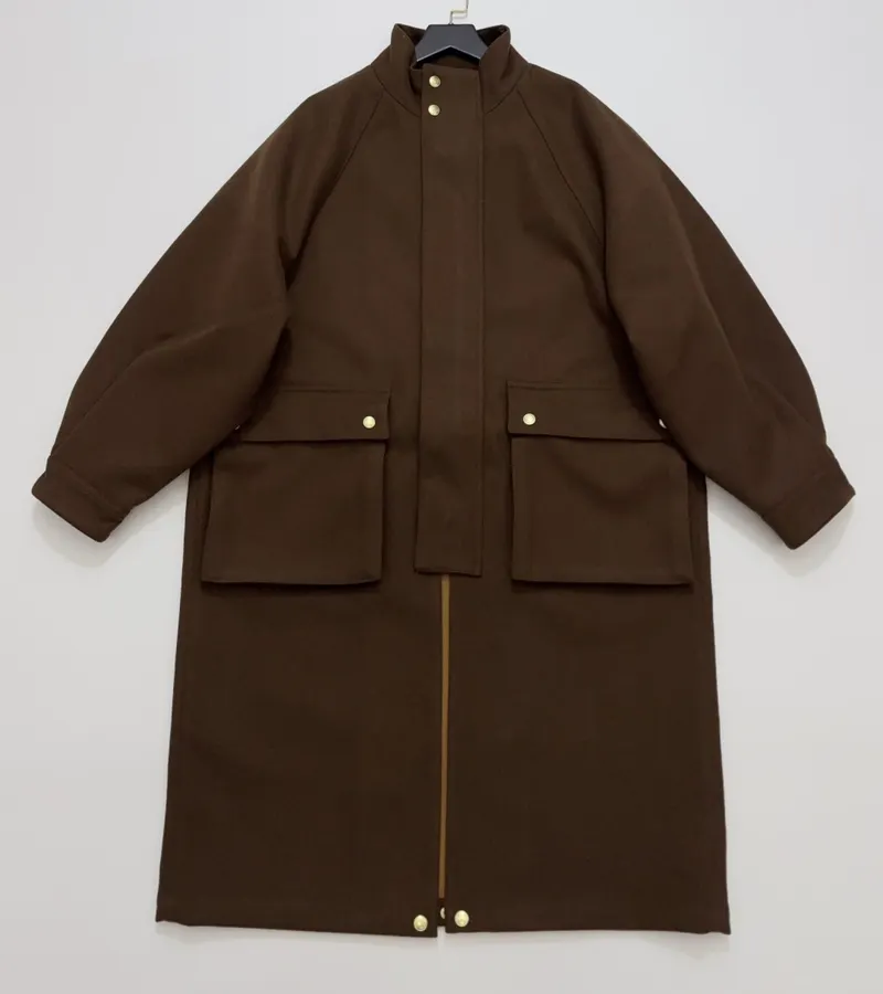 Dark Brown High-Neck Utility-Pocket Maxi Coat in Dark Brown, product view 01