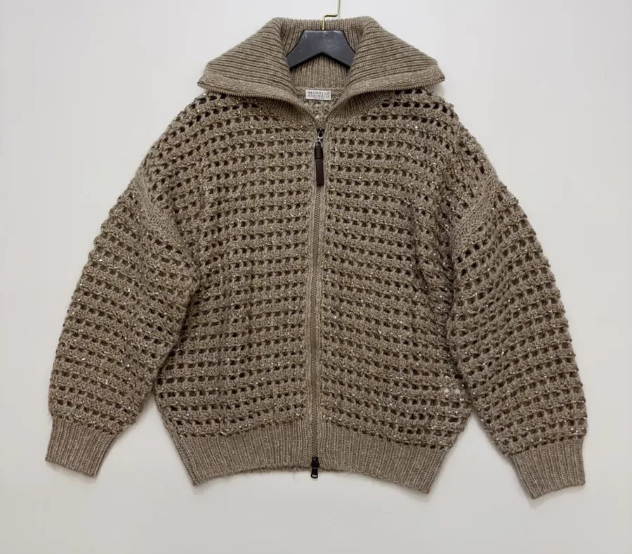 Brunello Cucinelli Brown open-knit zip-up jacket with wide lapels and metallic yarn in Coffee Brown, product view 01