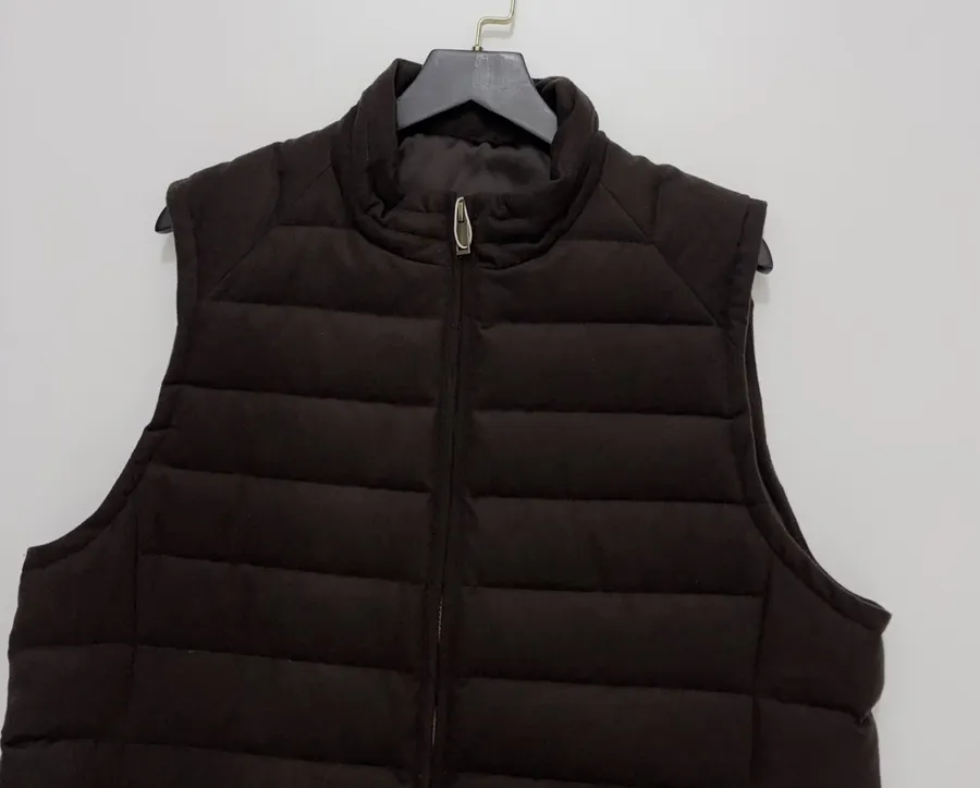 Dark brown stand-collar cotton vest with retro large pockets, zip-front, relaxed sleeveless layering piece in Brown, product view 02