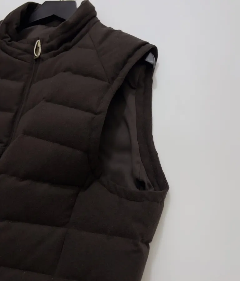 Dark brown stand-collar cotton vest with retro large pockets, zip-front, relaxed sleeveless layering piece in Brown, product view 03