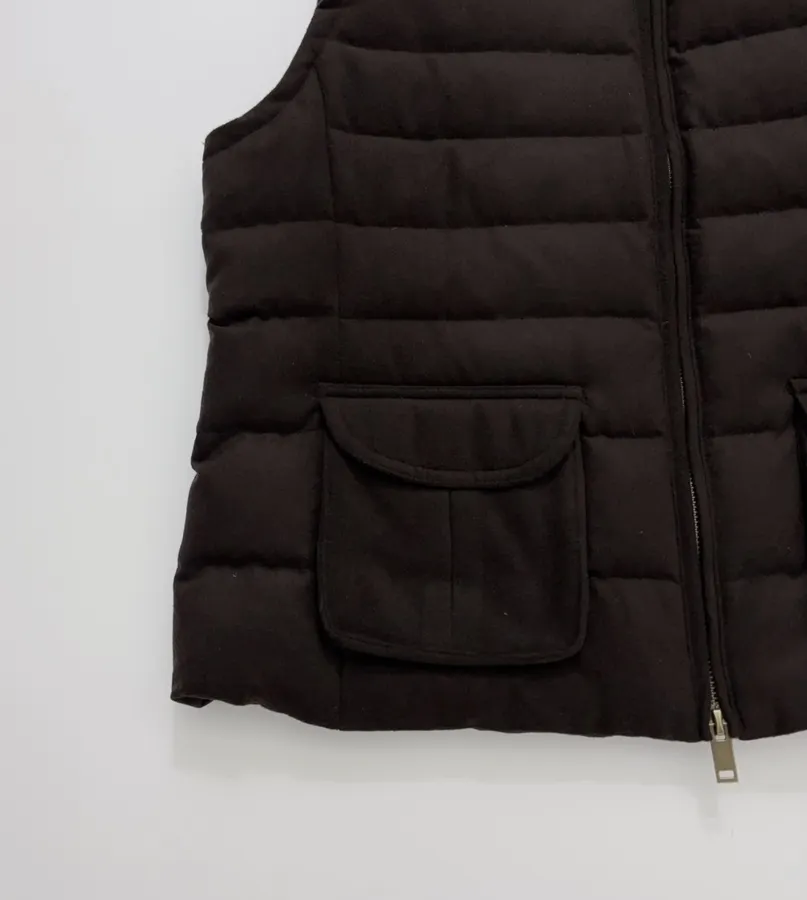 Dark brown stand-collar cotton vest with retro large pockets, zip-front, relaxed sleeveless layering piece in Brown, product view 04