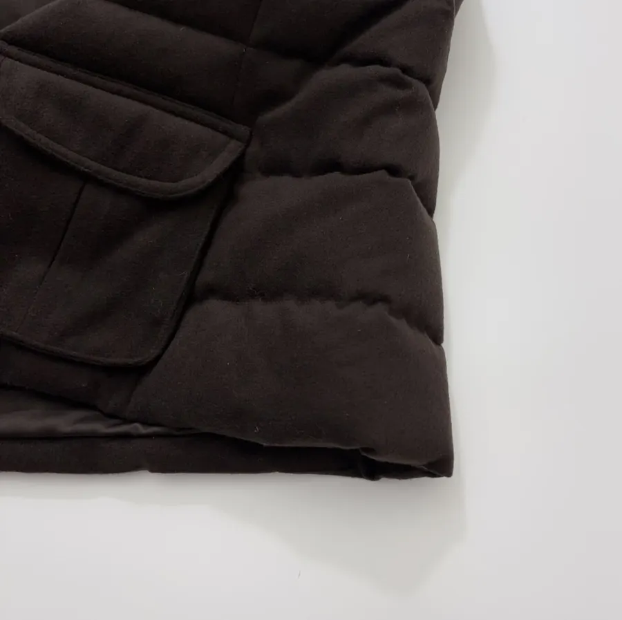Dark brown stand-collar cotton vest with retro large pockets, zip-front, relaxed sleeveless layering piece in Brown, product view 07