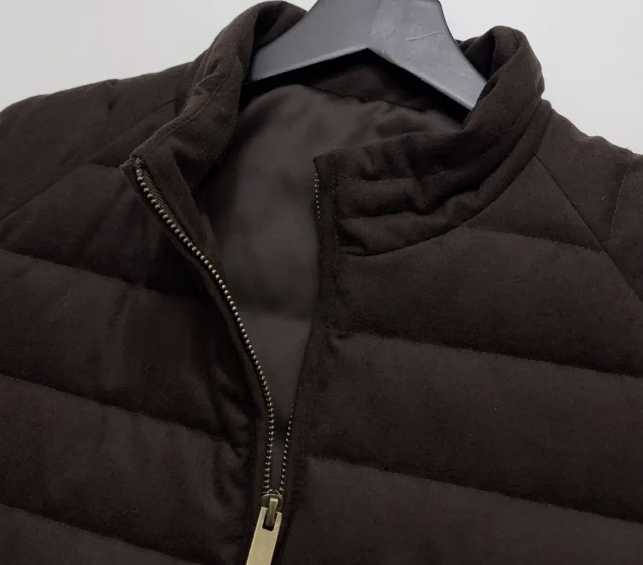 Dark brown stand-collar cotton vest with retro large pockets, zip-front, relaxed sleeveless layering piece in Brown, product view 08