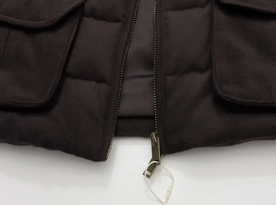 Dark brown stand-collar cotton vest with retro large pockets, zip-front, relaxed sleeveless layering piece in Brown, product view 09