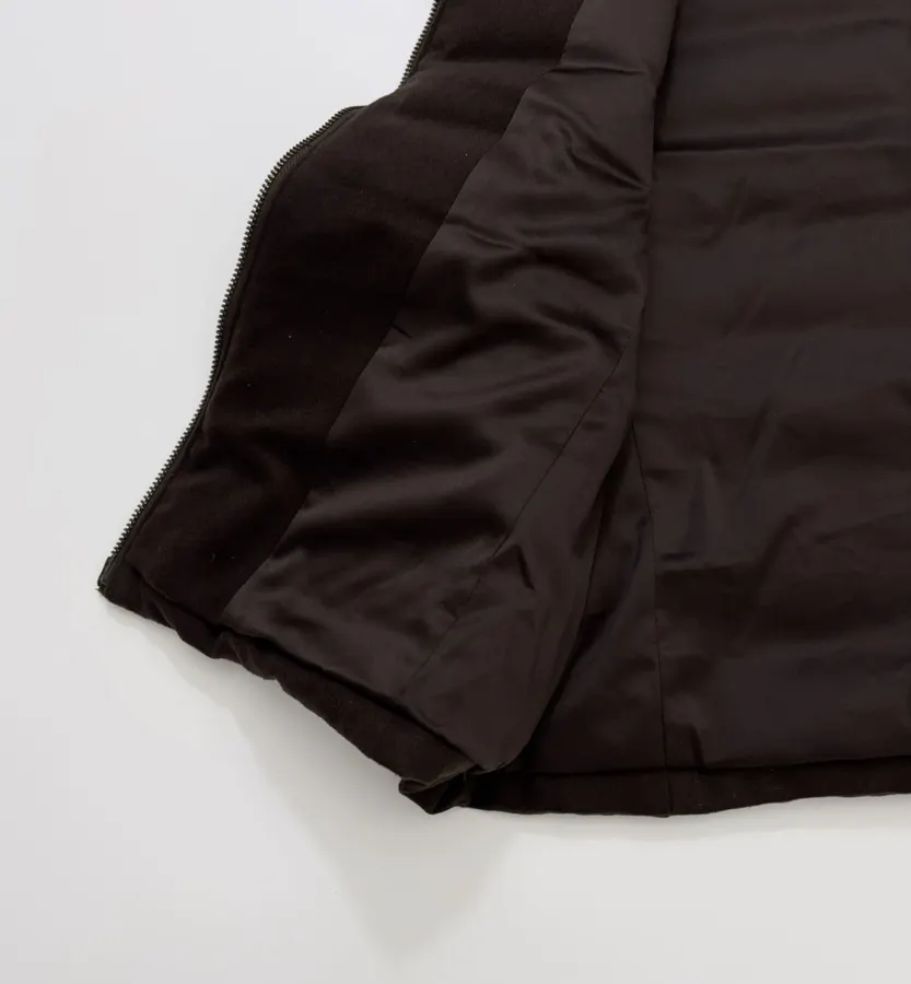 Dark brown stand-collar cotton vest with retro large pockets, zip-front, relaxed sleeveless layering piece in Brown, product view 10
