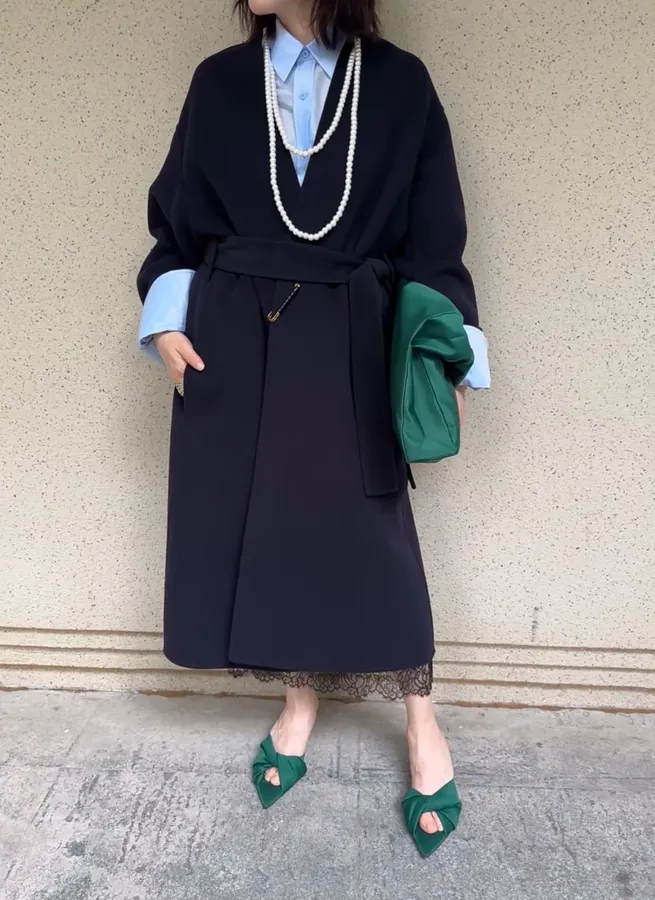 Dark Navy Gold-Pin Belted V-Neck Wool Midi Coat in Navy, product view
