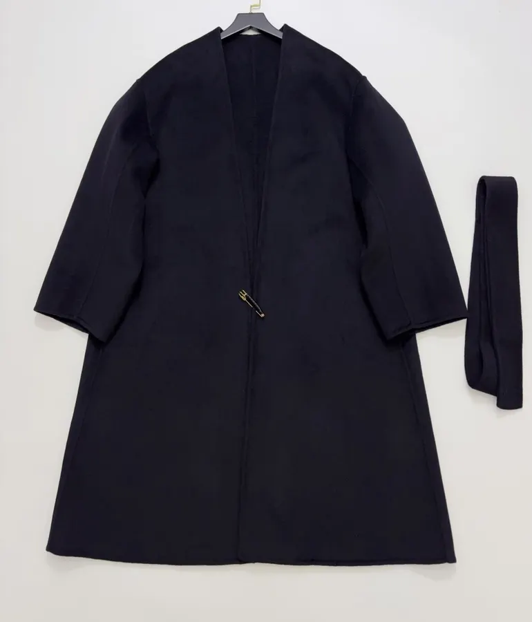 Dark Navy Gold-Pin Belted V-Neck Wool Midi Coat in Navy, product view 03