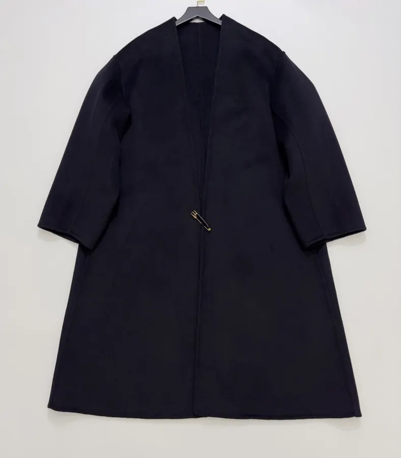 Dark Navy Gold-Pin Belted V-Neck Wool Midi Coat in Navy, product view 04