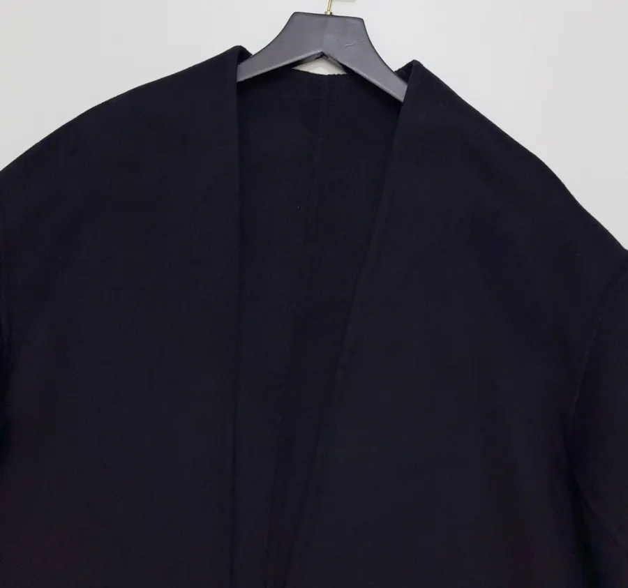 Dark Navy Gold-Pin Belted V-Neck Wool Midi Coat in Navy, product view 05