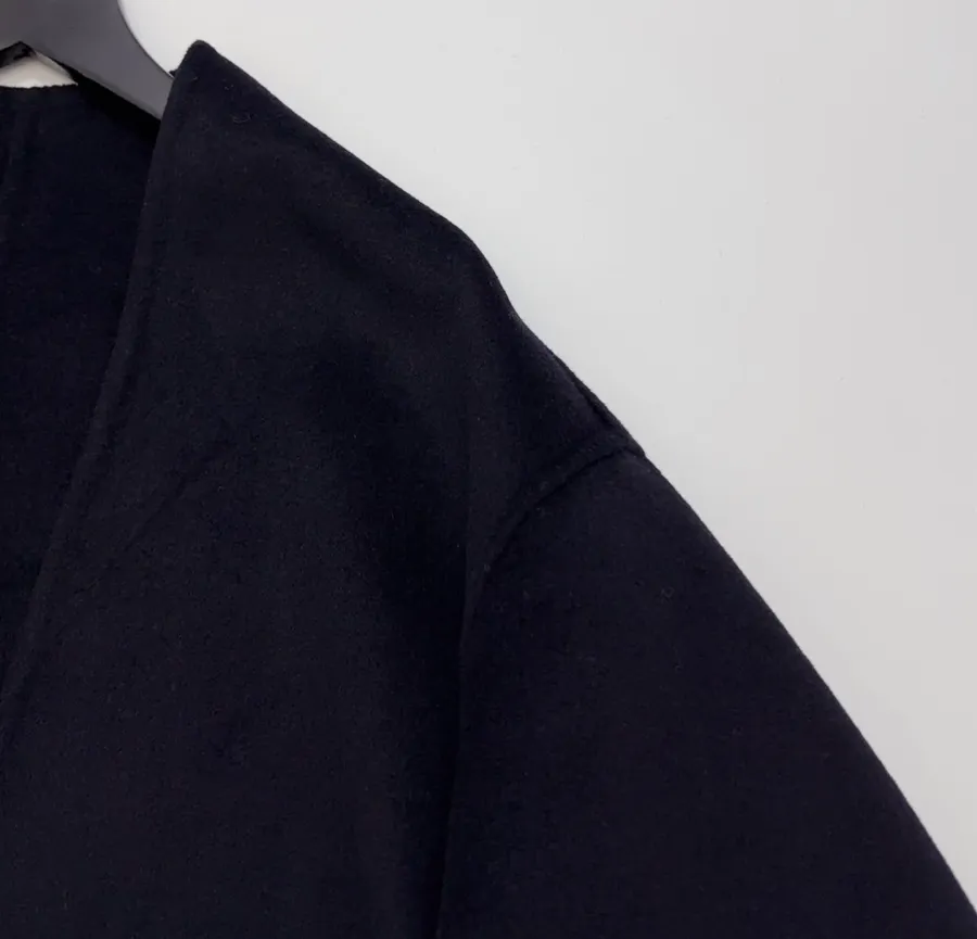 Dark Navy Gold-Pin Belted V-Neck Wool Midi Coat in Navy, product view 06