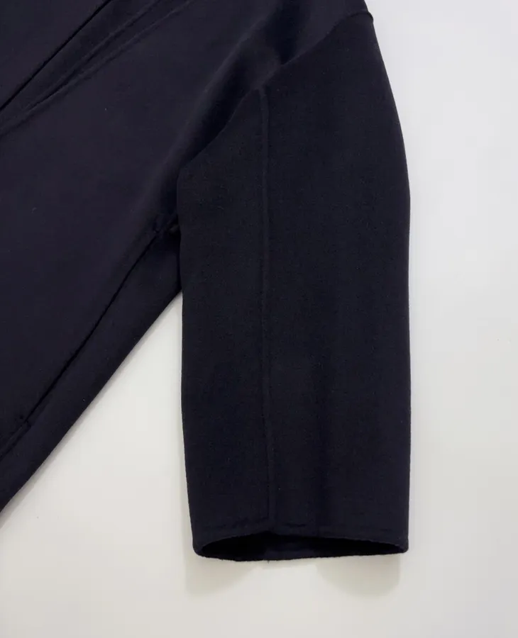 Dark Navy Gold-Pin Belted V-Neck Wool Midi Coat in Navy, product view 07