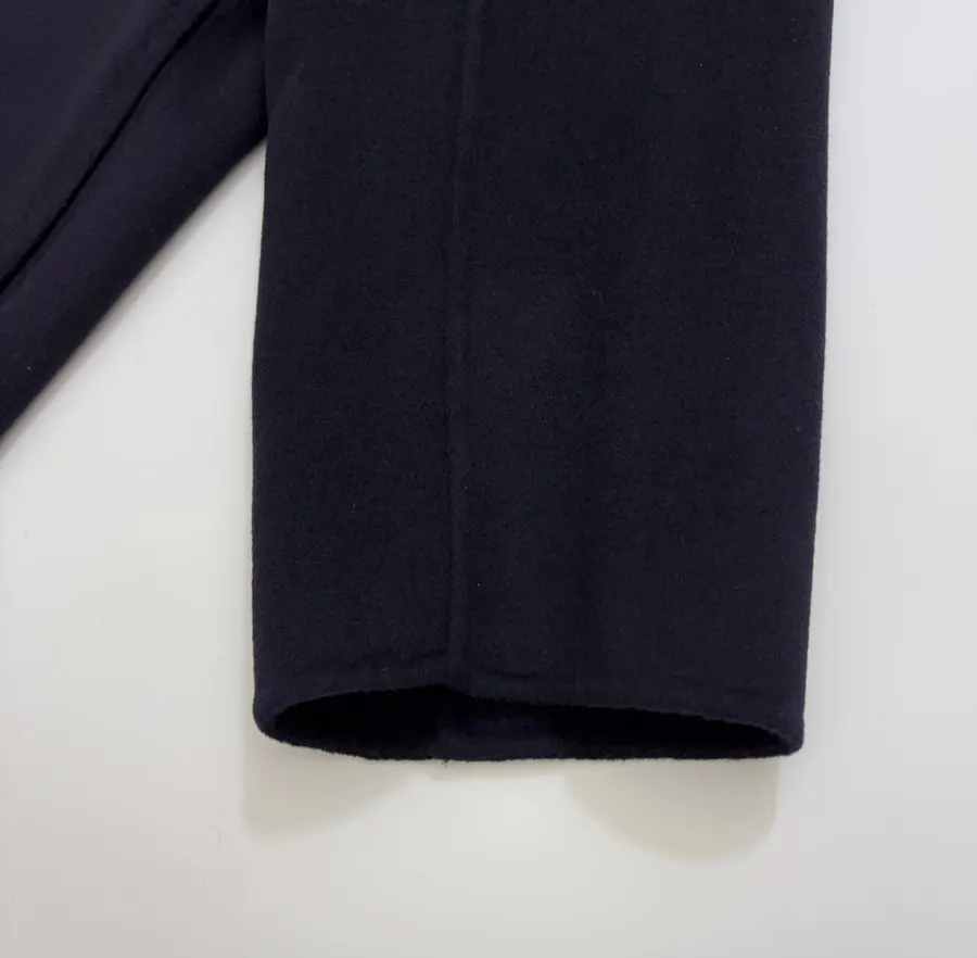 Dark Navy Gold-Pin Belted V-Neck Wool Midi Coat in Navy, product view 08