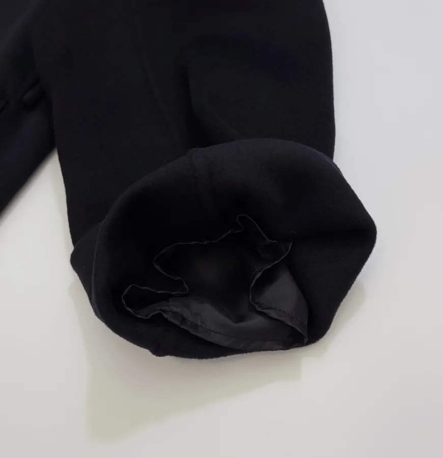 Dark Navy Gold-Pin Belted V-Neck Wool Midi Coat in Navy, product view 10