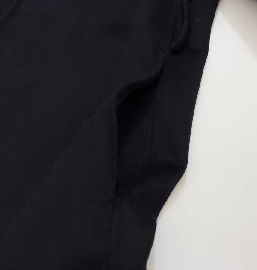 Dark Navy Gold-Pin Belted V-Neck Wool Midi Coat in Navy, product view 11