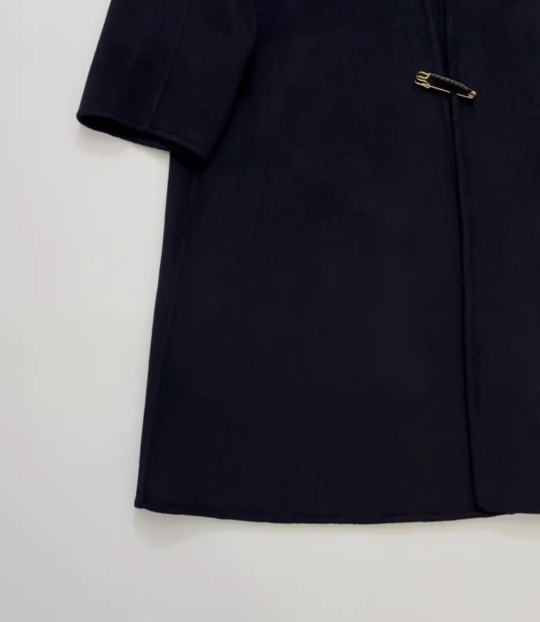 Dark Navy Gold-Pin Belted V-Neck Wool Midi Coat in Navy, product view 12
