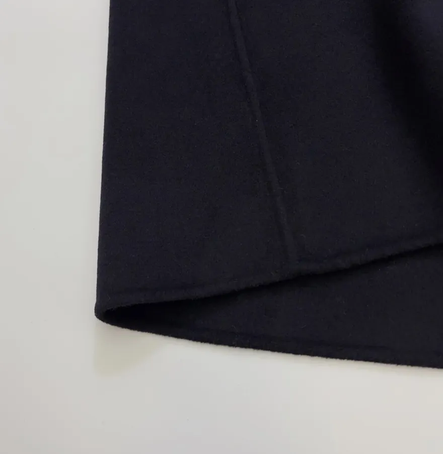 Dark Navy Gold-Pin Belted V-Neck Wool Midi Coat in Navy, product view 13