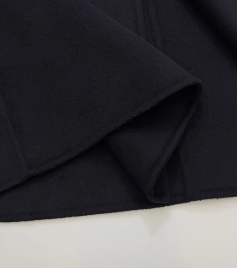 Dark Navy Gold-Pin Belted V-Neck Wool Midi Coat in Navy, product view 14