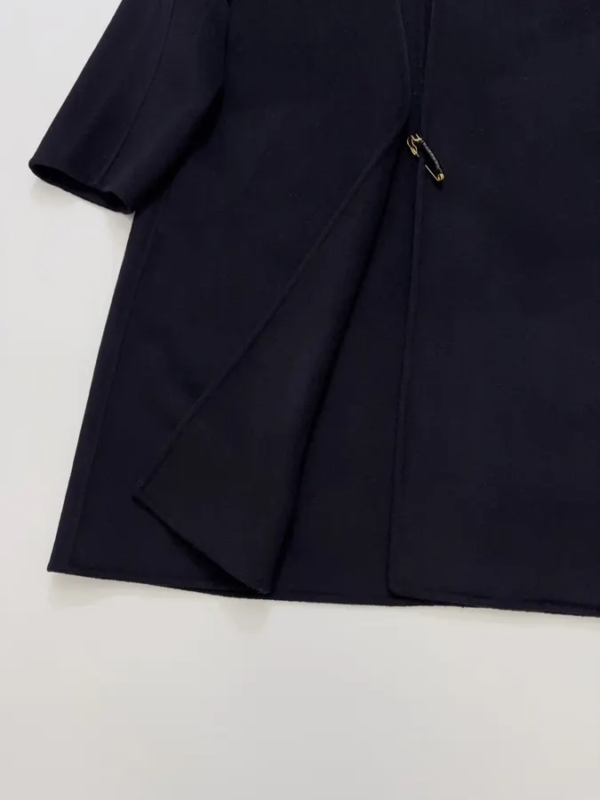 Dark Navy Gold-Pin Belted V-Neck Wool Midi Coat in Navy, product view 16