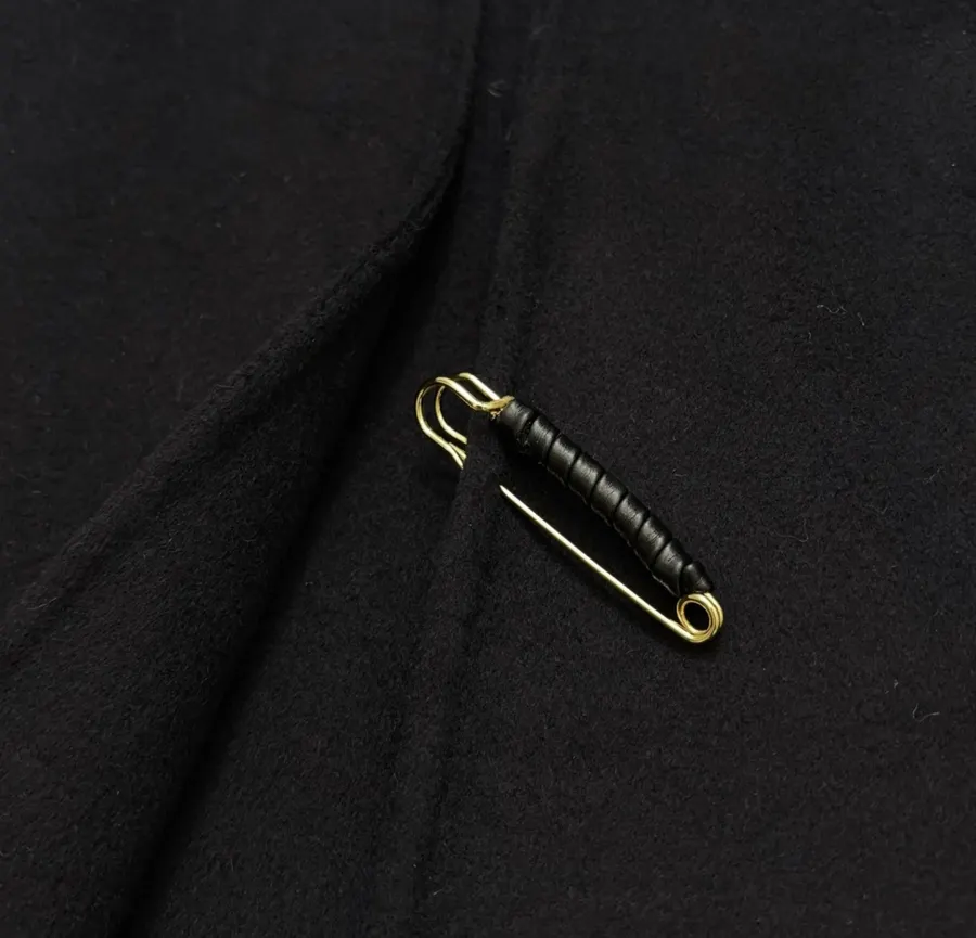 Dark Navy Gold-Pin Belted V-Neck Wool Midi Coat in Navy, product view 17
