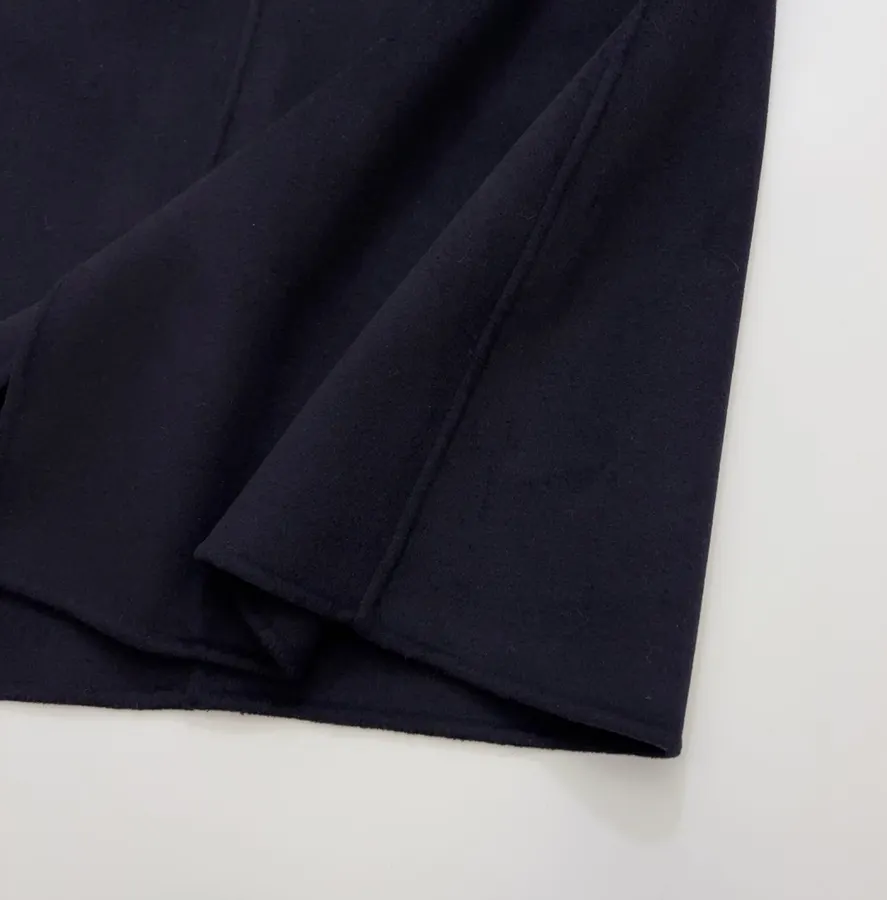 Dark Navy Gold-Pin Belted V-Neck Wool Midi Coat in Navy, product view 18