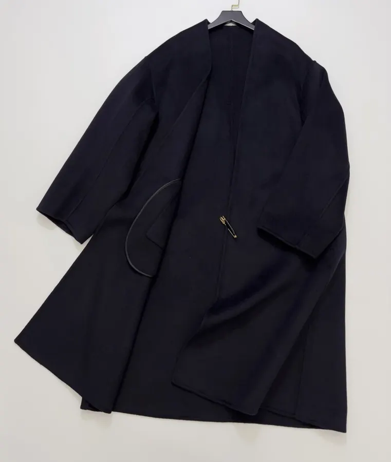 Dark Navy Gold-Pin Belted V-Neck Wool Midi Coat in Navy, product view 19