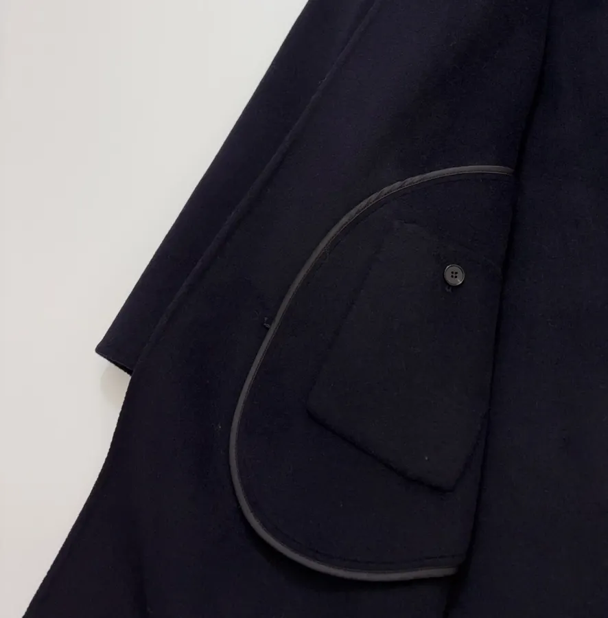 Dark Navy Gold-Pin Belted V-Neck Wool Midi Coat in Navy, product view 20