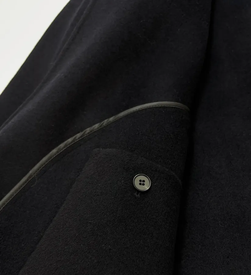 Dark Navy Gold-Pin Belted V-Neck Wool Midi Coat in Navy, product view 21