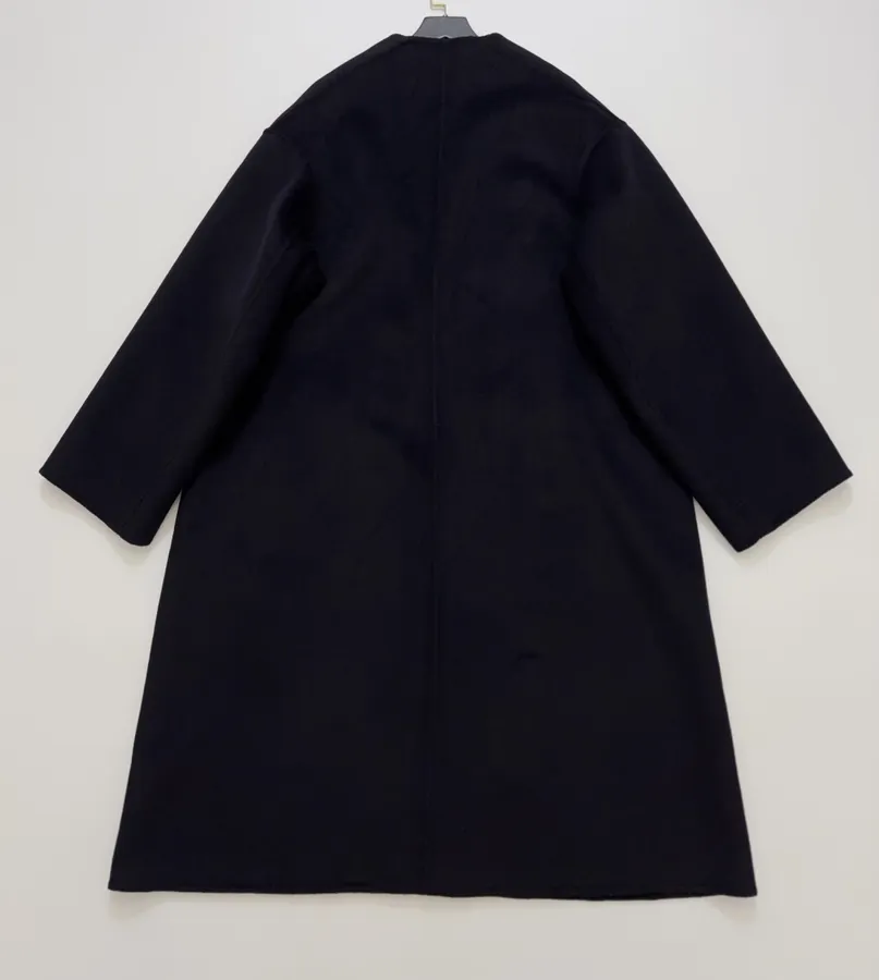 Dark Navy Gold-Pin Belted V-Neck Wool Midi Coat in Navy, product view 22