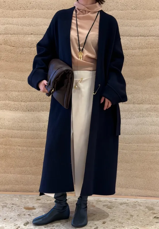 Dark Navy Gold-Pin Belted V-Neck Wool Midi Coat in Navy, product view 27