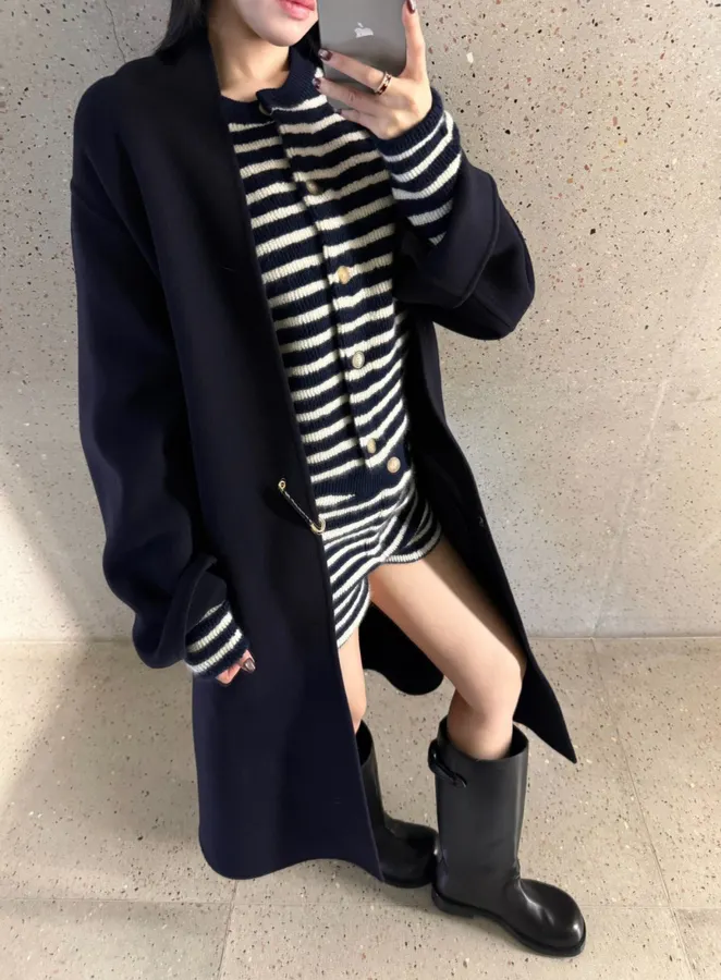 Dark Navy Gold-Pin Belted V-Neck Wool Midi Coat in Navy, product view 28
