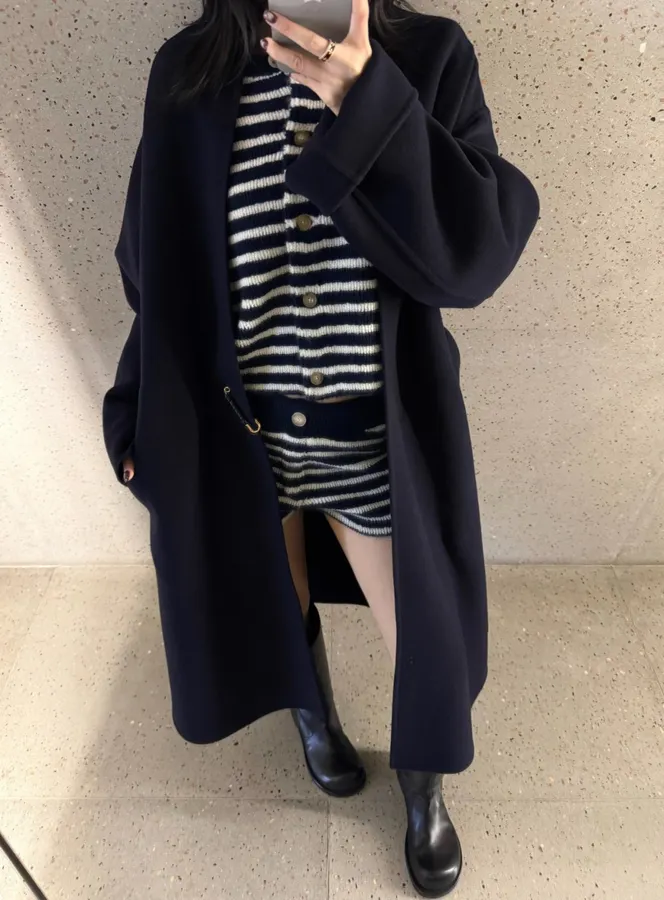 Dark Navy Gold-Pin Belted V-Neck Wool Midi Coat in Navy, product view 29