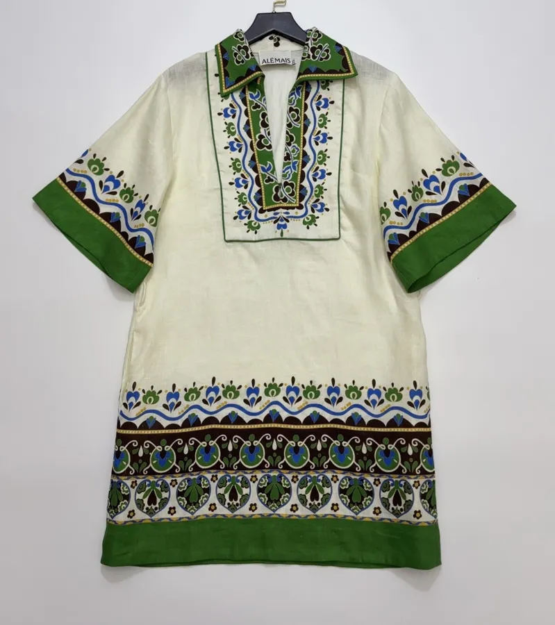 ALEMAIS Ivory and Green Border-Print Belted Shirt Dress in Ivory and Green, product view 02