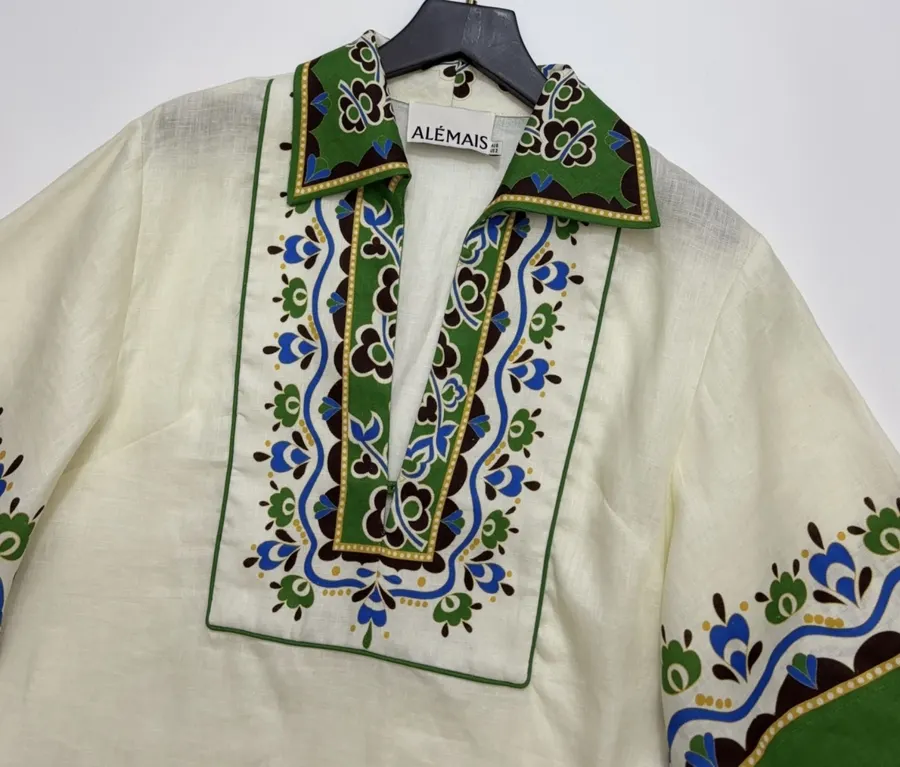 ALEMAIS Ivory and Green Border-Print Belted Shirt Dress in Ivory and Green, product view 03