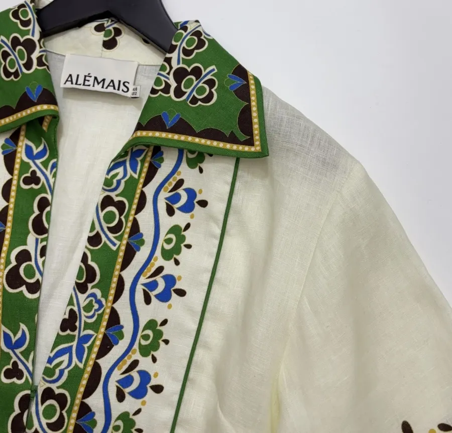 ALEMAIS Ivory and Green Border-Print Belted Shirt Dress in Ivory and Green, product view 04